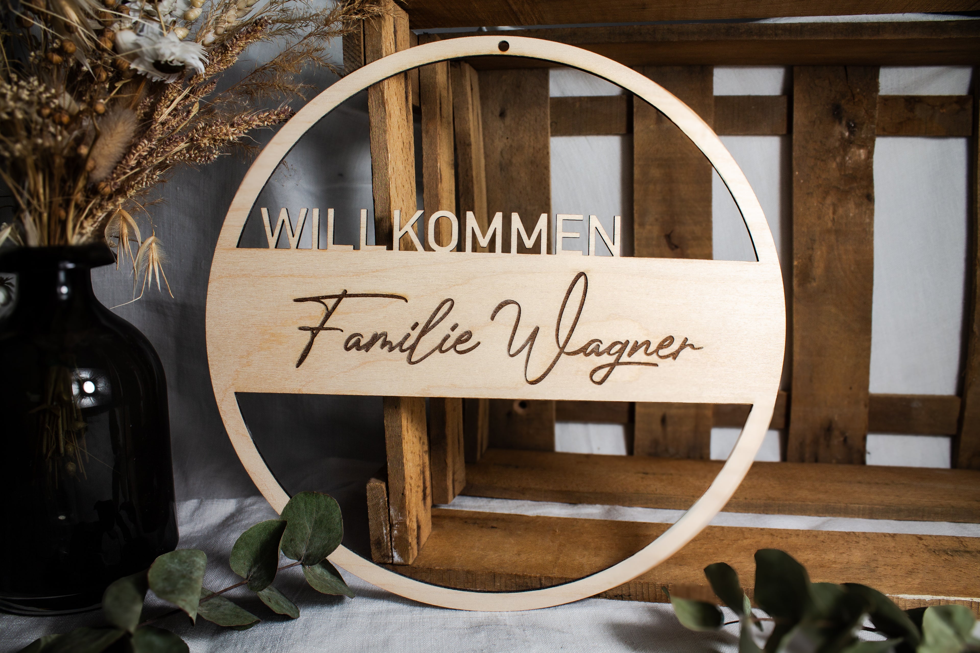 Holzkranz | Holzring "Willkommen Familie"